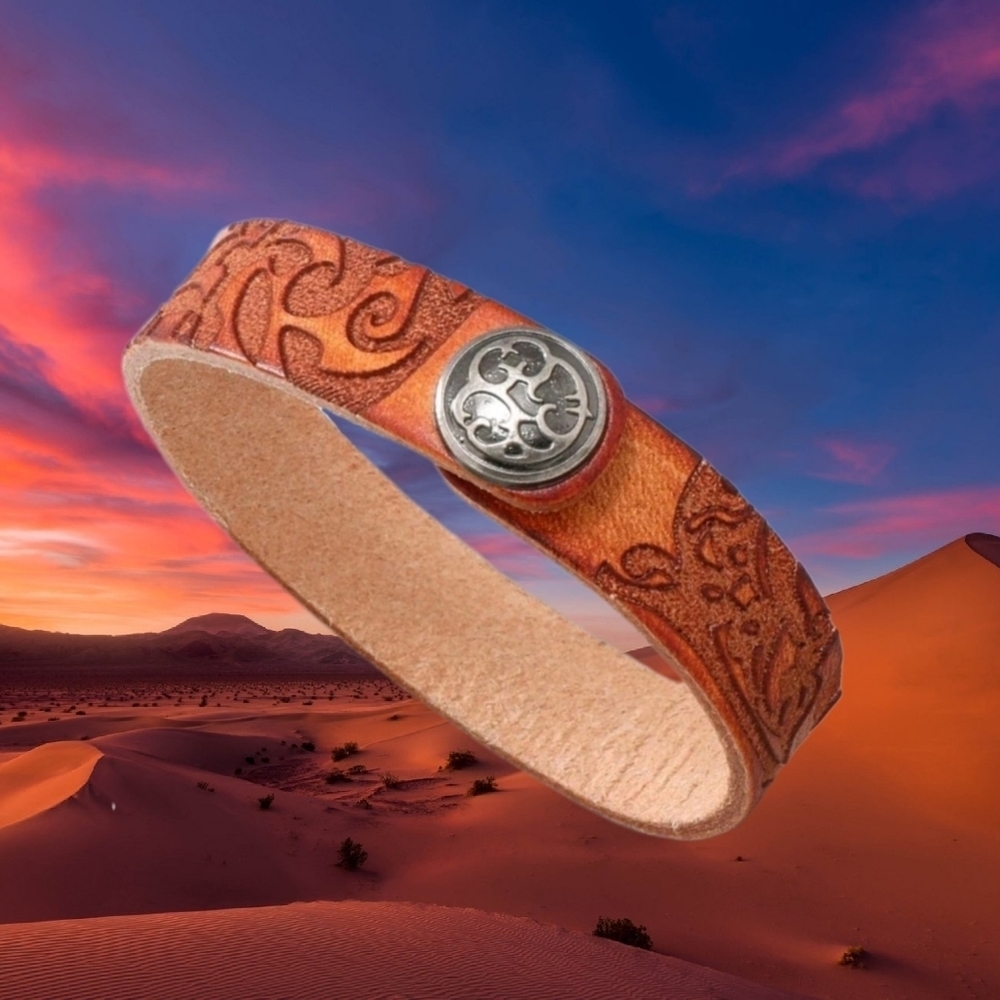 Southwestern Genuine Leather Bracelet Western Rustic Orange Snap Closure